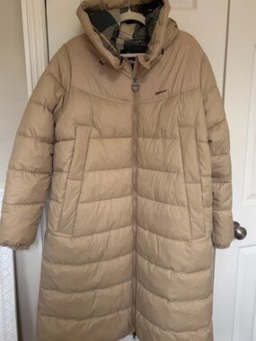 Barbour Beige Long Hooded Puffer Coat